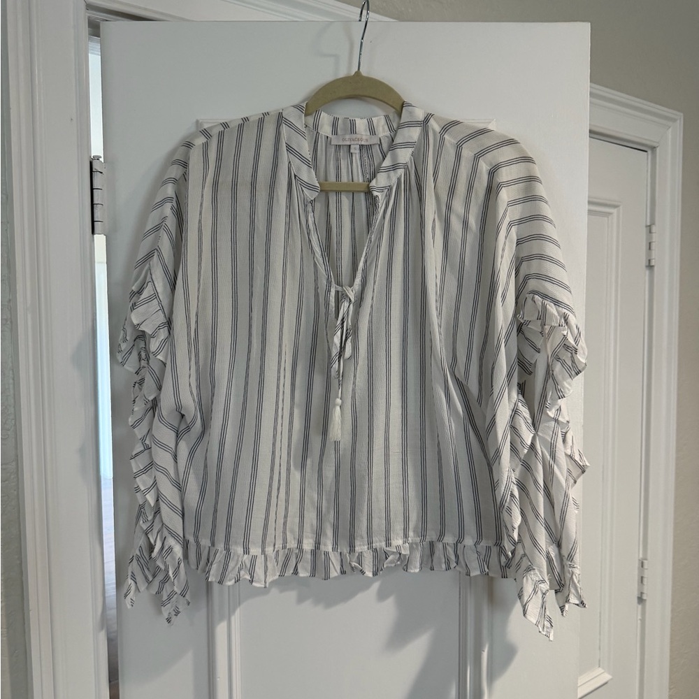 Olivaceous White and Gray Striped Blouse with Ruffle Sleeves